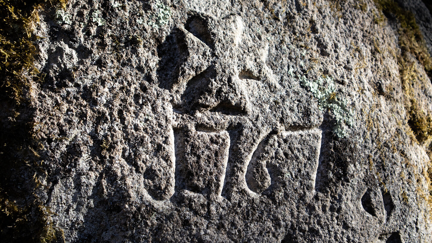 Nahaufnahme einer Steininschrift mit Moos und Flechten am Château du Hagueneck bei Wettolsheim