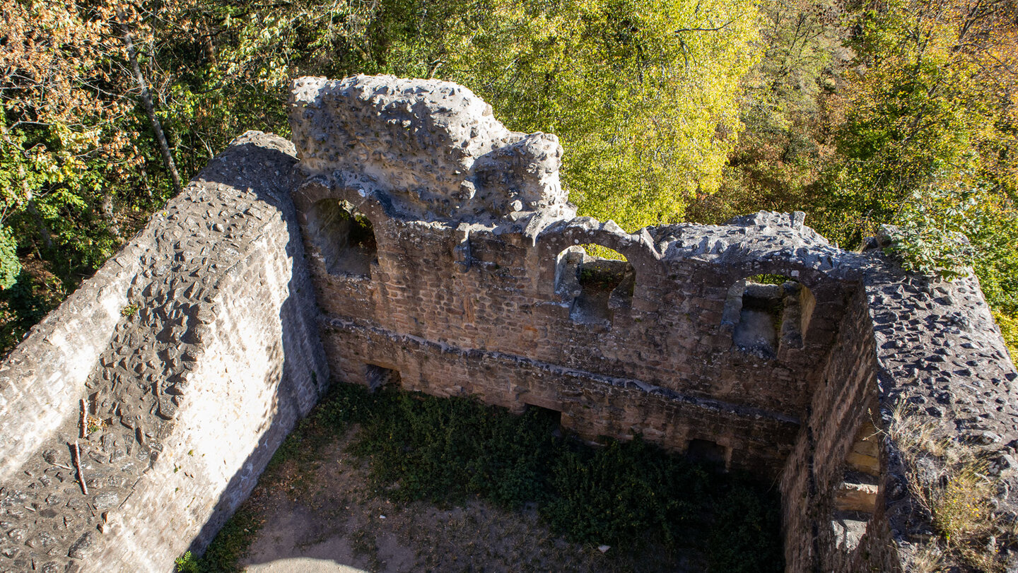 Draufsicht auf die Mauerreste der Burg Hagueneck bei Wettolsheim, umgeben von Herbstwald