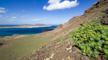 Ausblick auf die Meerenge El Río mit La Graciosa und der Insel Moñtana Clara