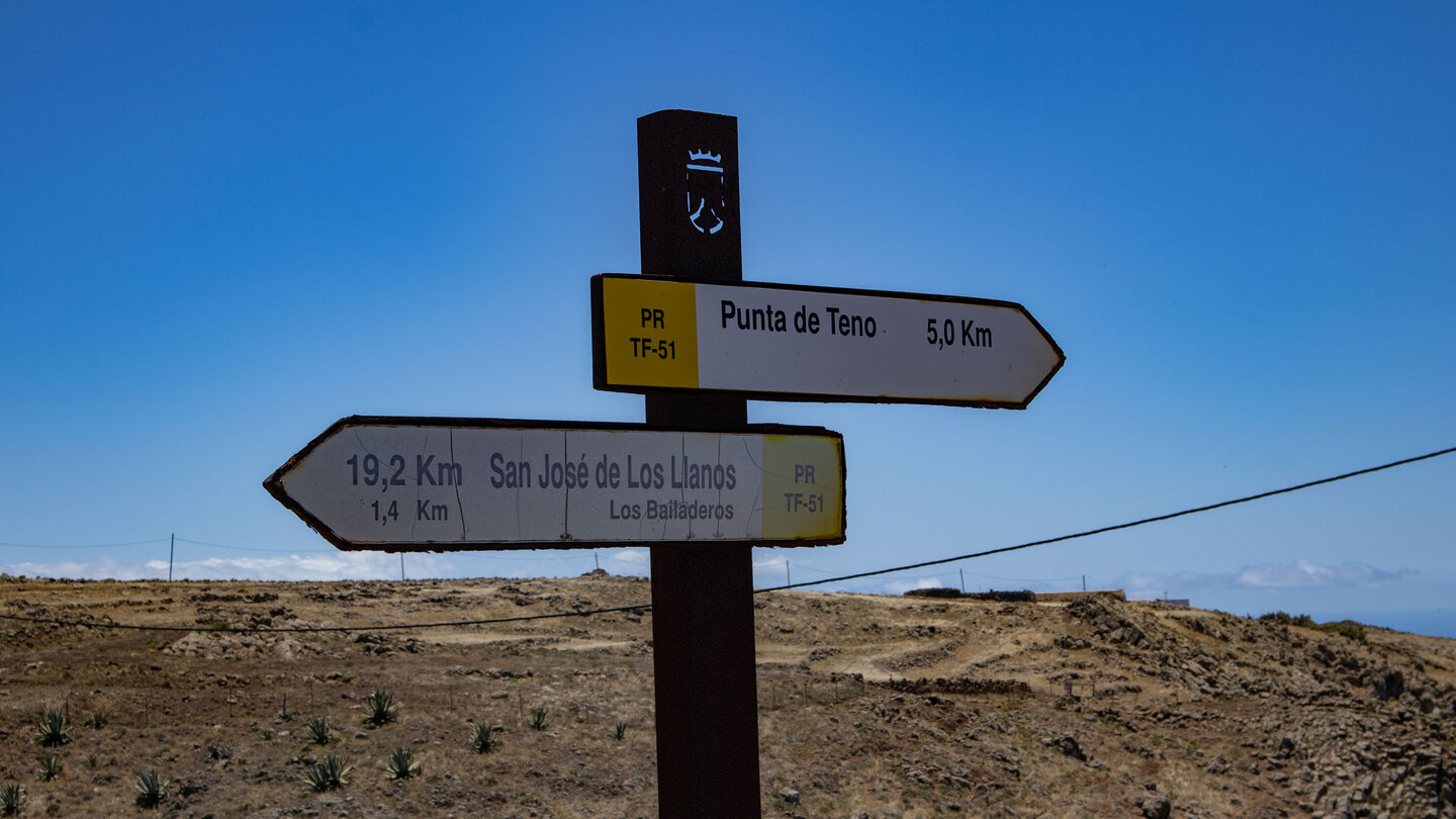 Wegweiser zum Wanderweg PR TF-51 oberhalb der Cuevas-Schlucht
