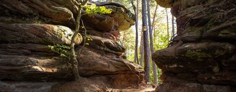 der Wanderweg führt durch eine Felsspalte am Rosskegelfelsen