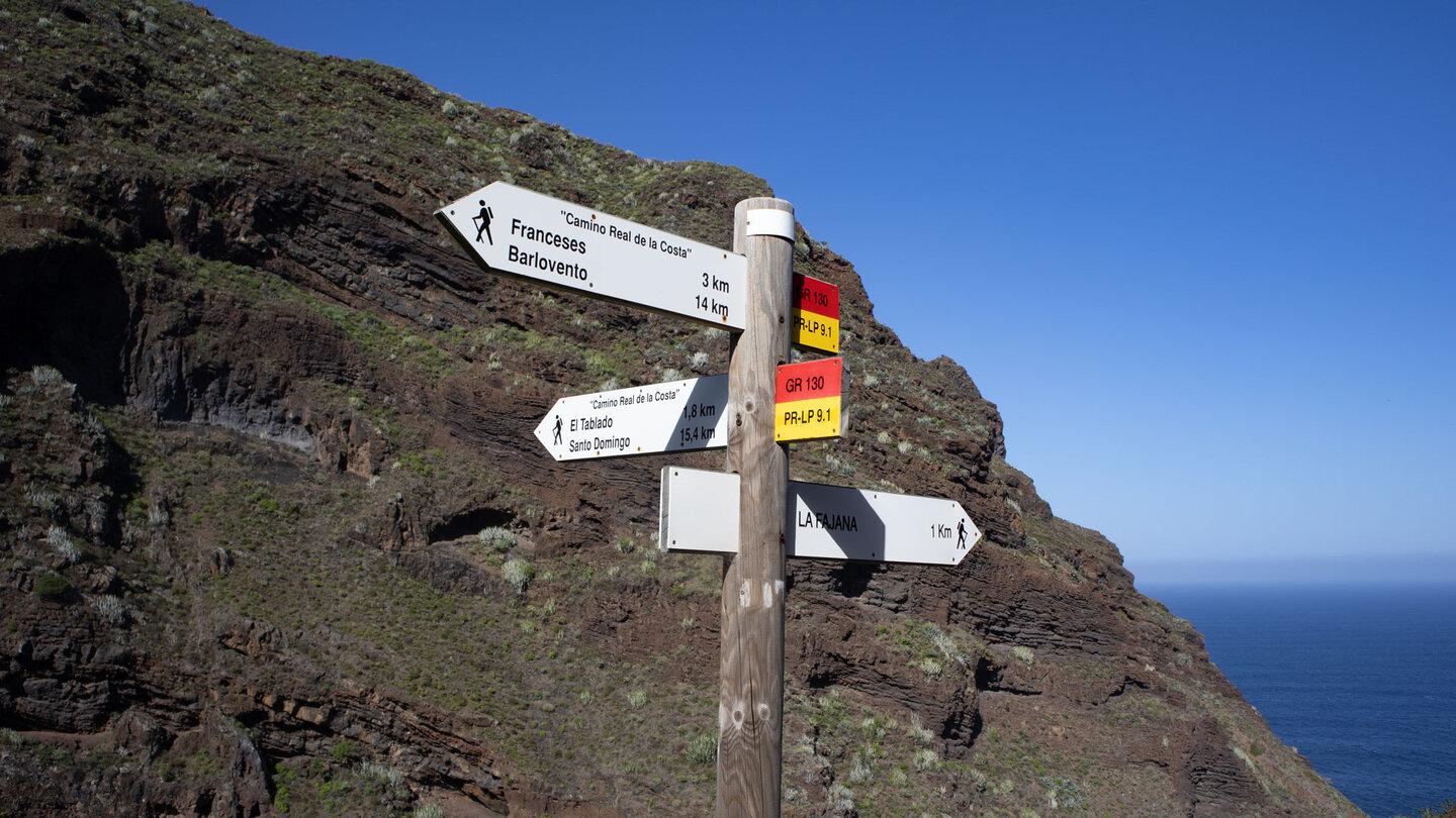 Wegweiser  vor den Steilwänden des Barranco de los Hombres