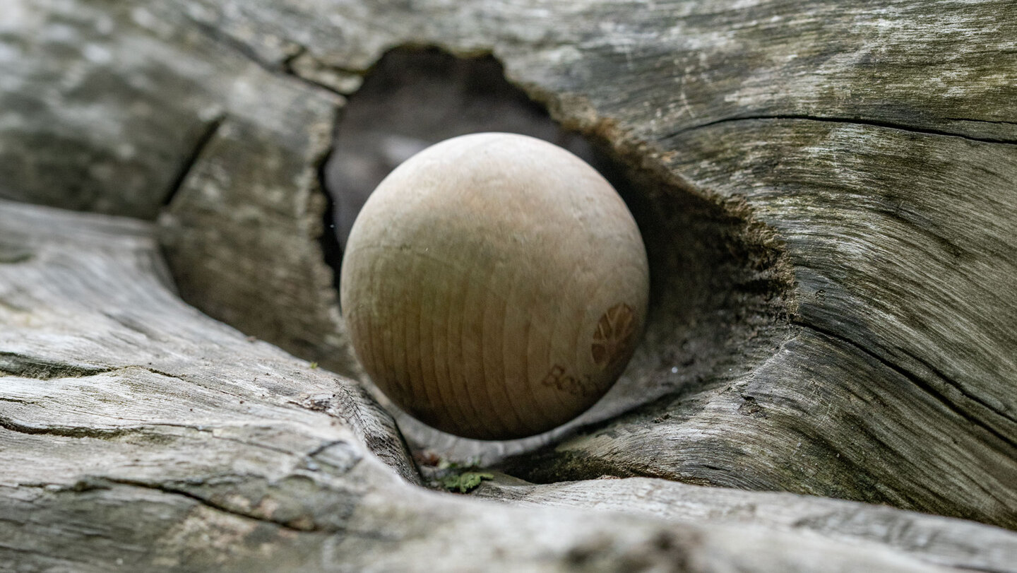 Hölzerne Boccia-Kugel für die Spielstationen des BoBosco Trail im Verzascatal, Tessin.