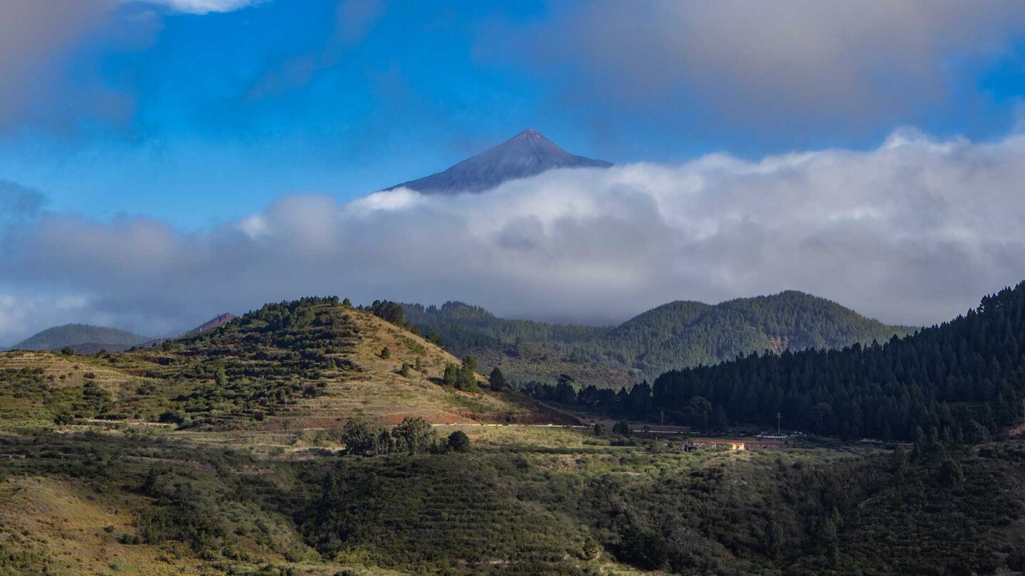 Blick zum wolkenverhangenem Teide vom Wanderweg