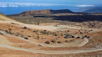 der Wanderweg verläuft in Kurven durch die Huevos del Teide