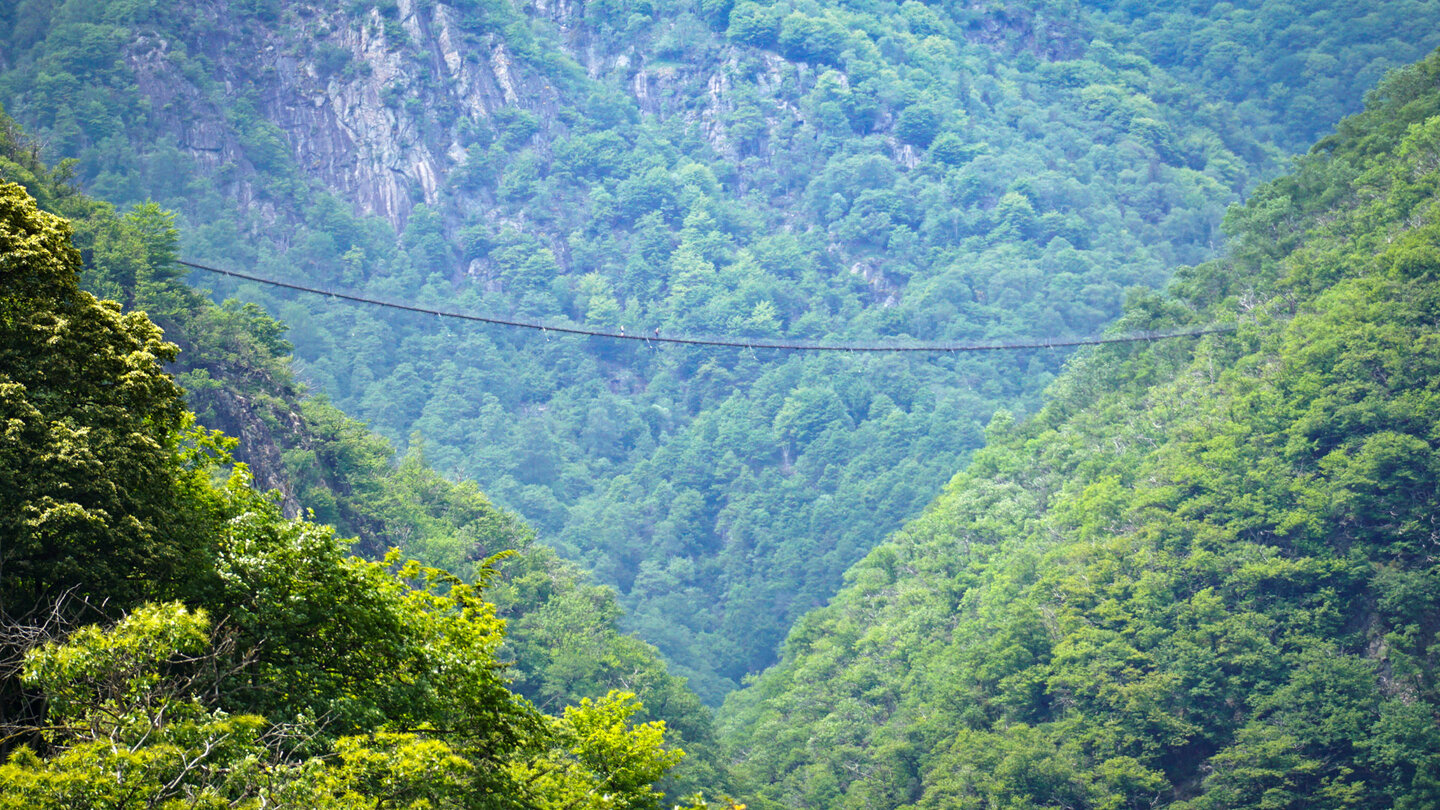letzter Blick hinauf ins Val Semantina mit der Ponte Tibetano Carasc Val Semantina mit der Ponte Tibetano Carasc