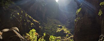 Sonnenstrahlen dringen in die Masca-Schlucht im Teno-Gebirge auf Teneriffa