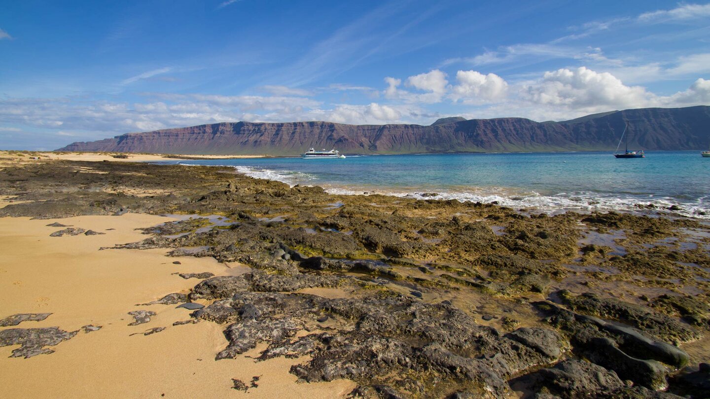 die Meerenge El Rio auf La Graciosa mit dem Famara-Massiv auf Lanzarote im Hintergrund