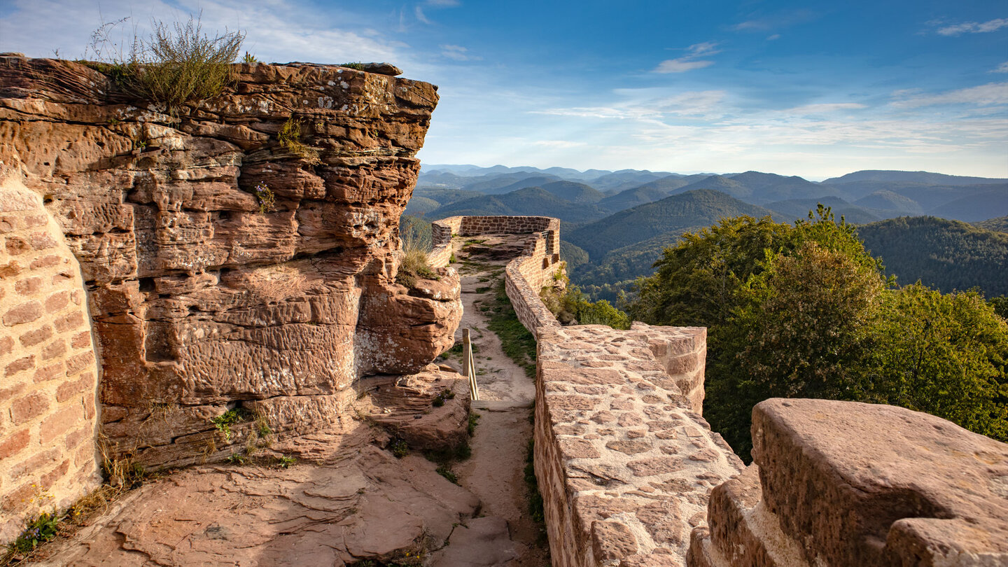 Blick über die Wegelnburg auf den Pfälzerwald