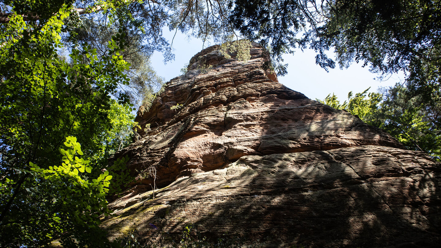 Mächtiger Buntsandsteinturm mit geschichteten Felsplatten, umrahmt von hellgrünen Buchenblättern und Kiefern vor blauem Himmel