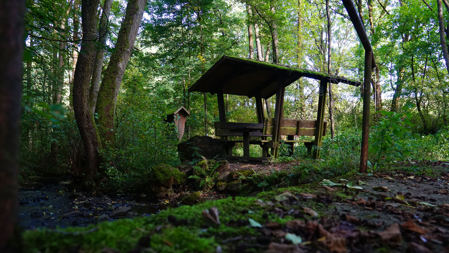 Überdachter Rastplatz im Wald am Gilgbach entlang der Weitblicktour Ulrichstein.