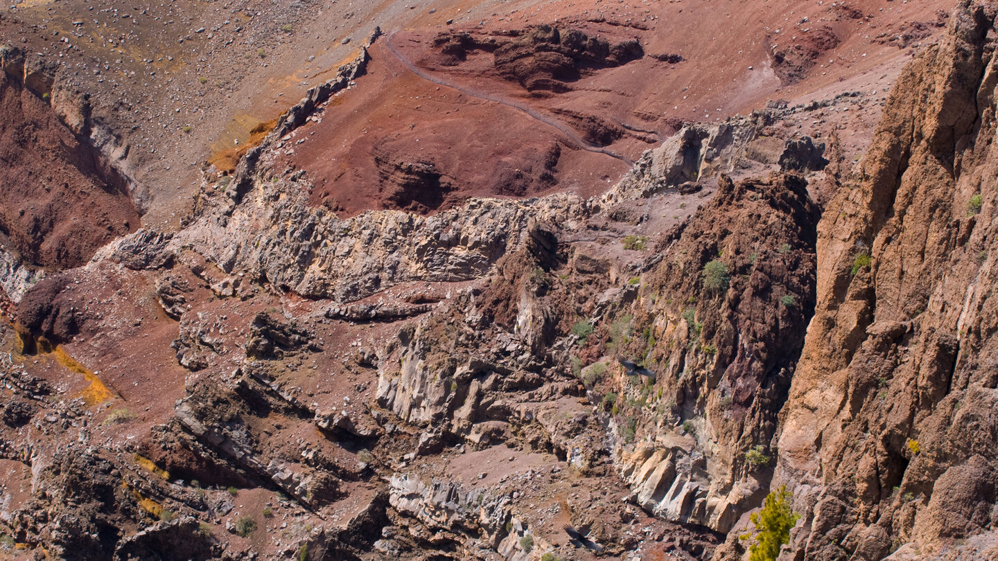 buntes Vulkangestein an den Steilhängen der Caldera