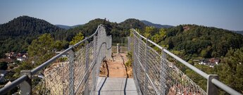 Blick vom gesicherten Hahnfels-Steg über Erfweiler zur bewaldeten Dahner Burgengruppe am Horizont