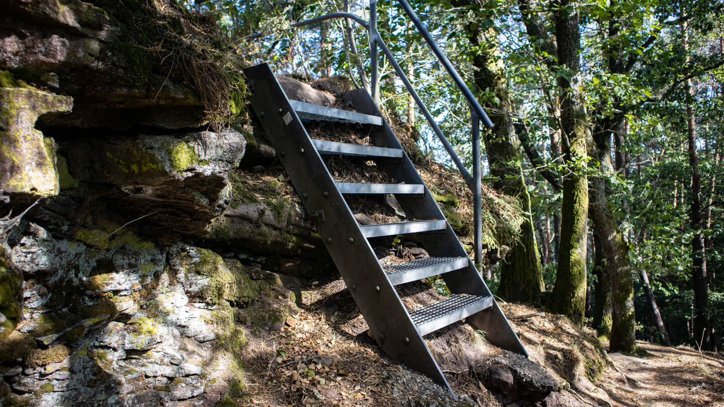 Stählerne Aufstiegstreppe an einem bemoosten Sandsteinfelsen im Wald auf dem Weg zum Kahlenberg
