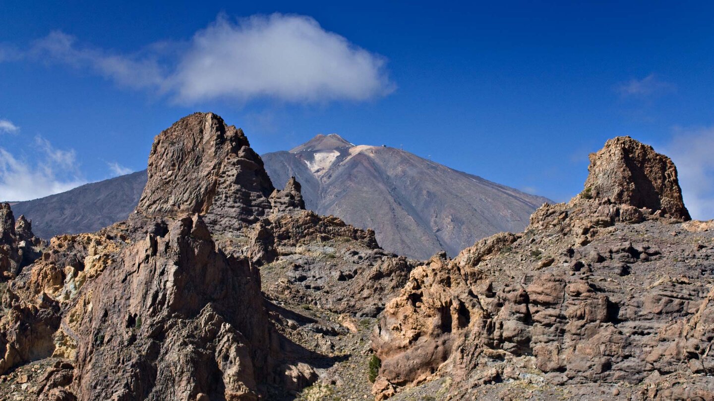 Ausblick über die Felsgruppe Los Roques zum Pico del Teide Felsgruppe Los Roques mit dem Pico del Teide