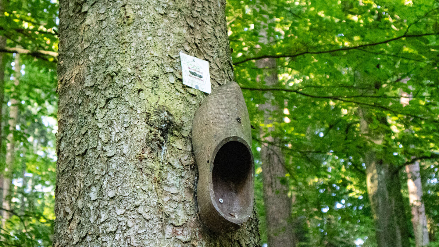 Der geschnitzte Holzschuh markiert den Busenberger Holzschuhpfad.