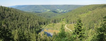 Schwarzwaldpanorama mit Blick auf den Huzenbacher See vom Aussichtspunkt Seeblick