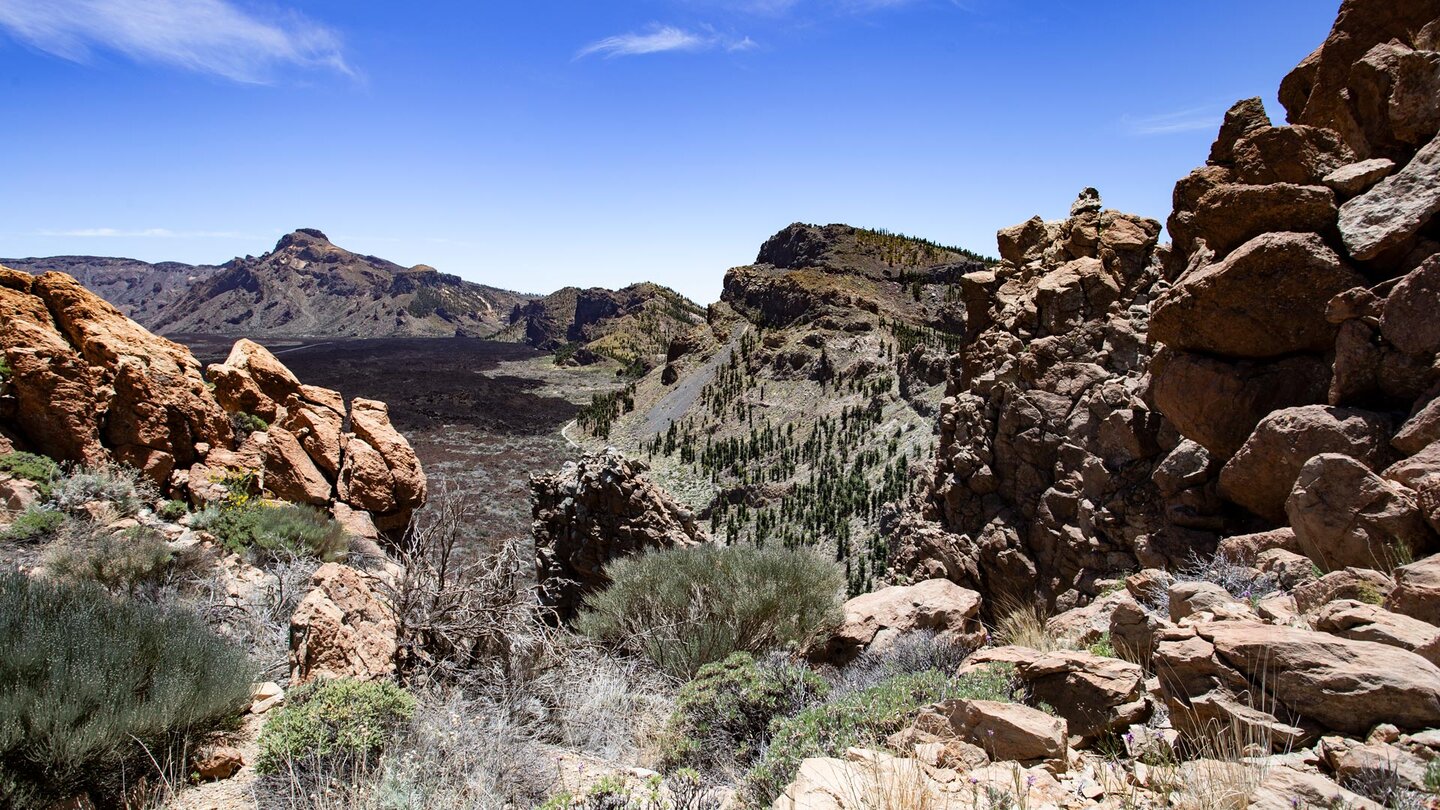 Ausblick vom Gipfelpfad des Montaña el Cedro über die Cañada del Cedro mit dem El Sombrero im Hintergrund