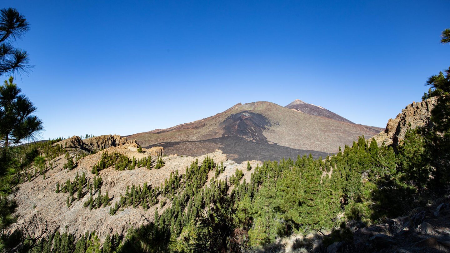 der langgezogene Gipfelgrad des Montaña el Cedro mit Teide und Pico Viejo mit den Narices del Teide