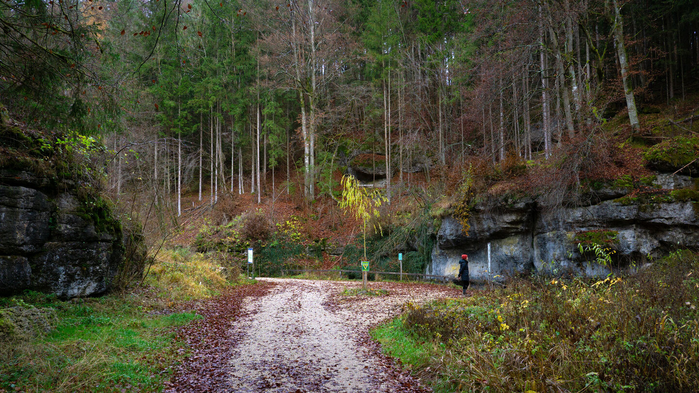 vom breiten Talweg an der Klumperquelle blickt man auf Felsen und Wald