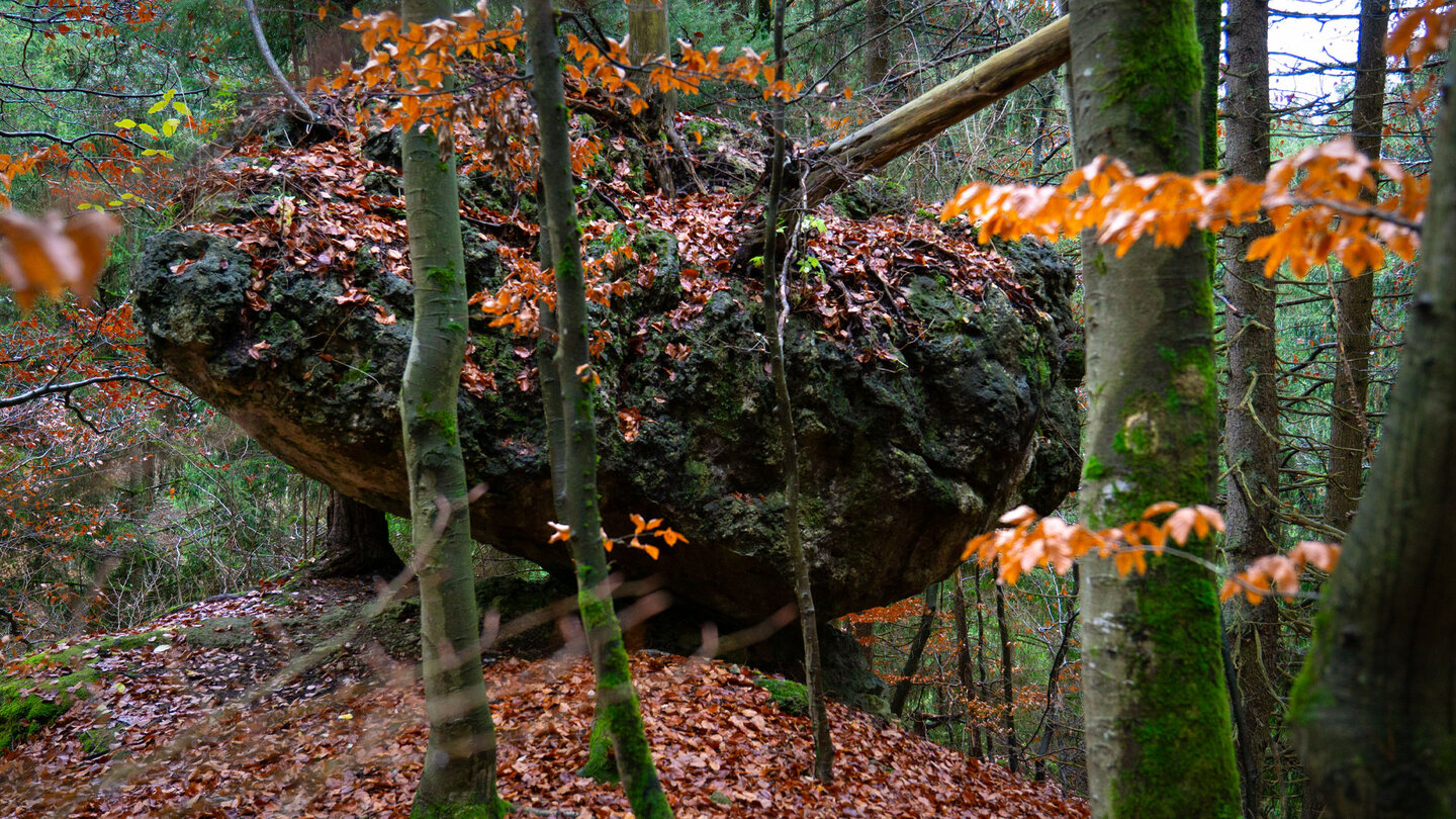 scheinbar wackliger Felsblock mitten im Wald
