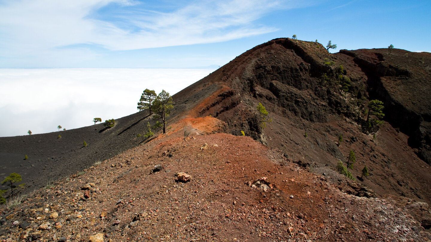 die rötlichen Lapilli am Kraterrand des Volcán Martin
