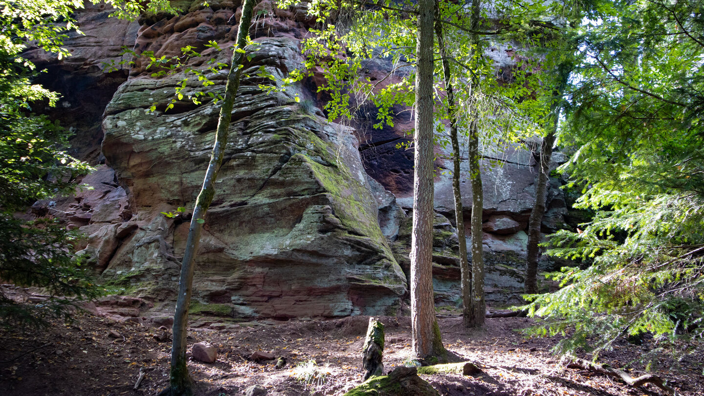 der Wanderweg verläuft entlang des Felssockels der Burg Waldeck