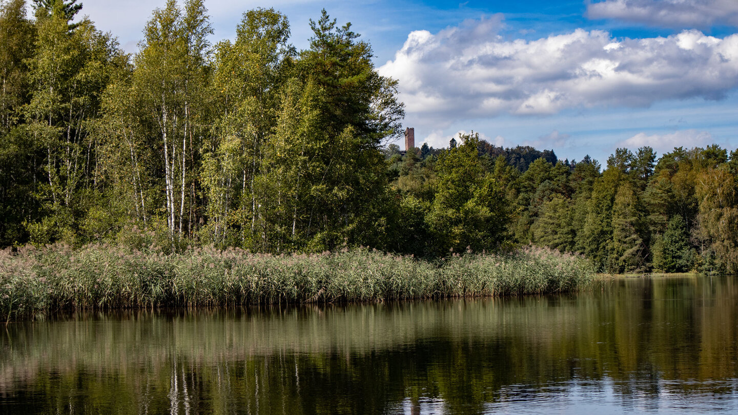 der Turm des Château de Waldeck erhebt sich hinter dem Hanauer Weiher der Turm des Château de Waldeck hinter dem Hanauer Weiher