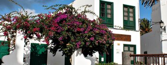 typische traditioneller Baustil an der Plaza de la Constitución in Haría auf Lanzarote