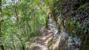 Wanderweg führt an Muschelkalkwänden entlang