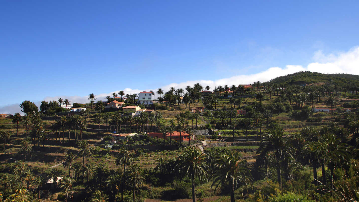 über die terrassierten Felder verteilte Häuser in Las Hayas auf La Gomera