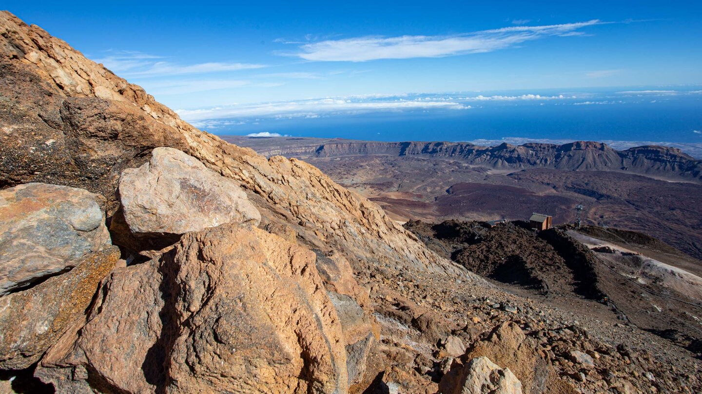 Ausblick über die Bergstation der Seilbahn auf die Caldera