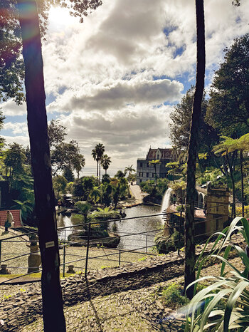 Teich im Monte Palace Tropical Garden mit dem Monte Palace im Hintergrund