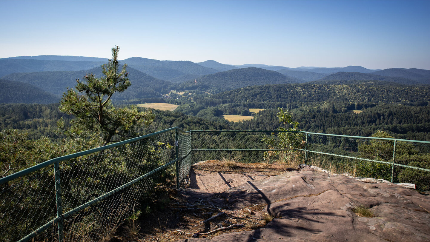Blick vom Buhlsteinpfeiler zur Felsenburg Berwartstein im Wasgau.