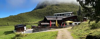 Ritzaualm auf grüner Almfläche am Zahmen Kaiser