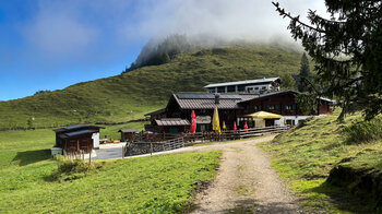 Ritzaualm auf grüner Almfläche am Zahmen Kaiser
