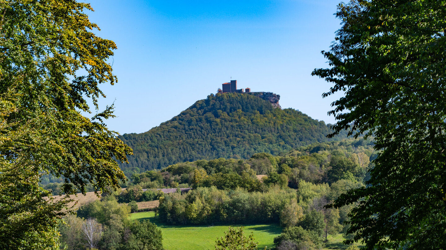blick auf die Burg Trifels von der Naturbegräbnisstätte Trifelsruhe Burgblick auf Burg Trifels von Trifelsruhe