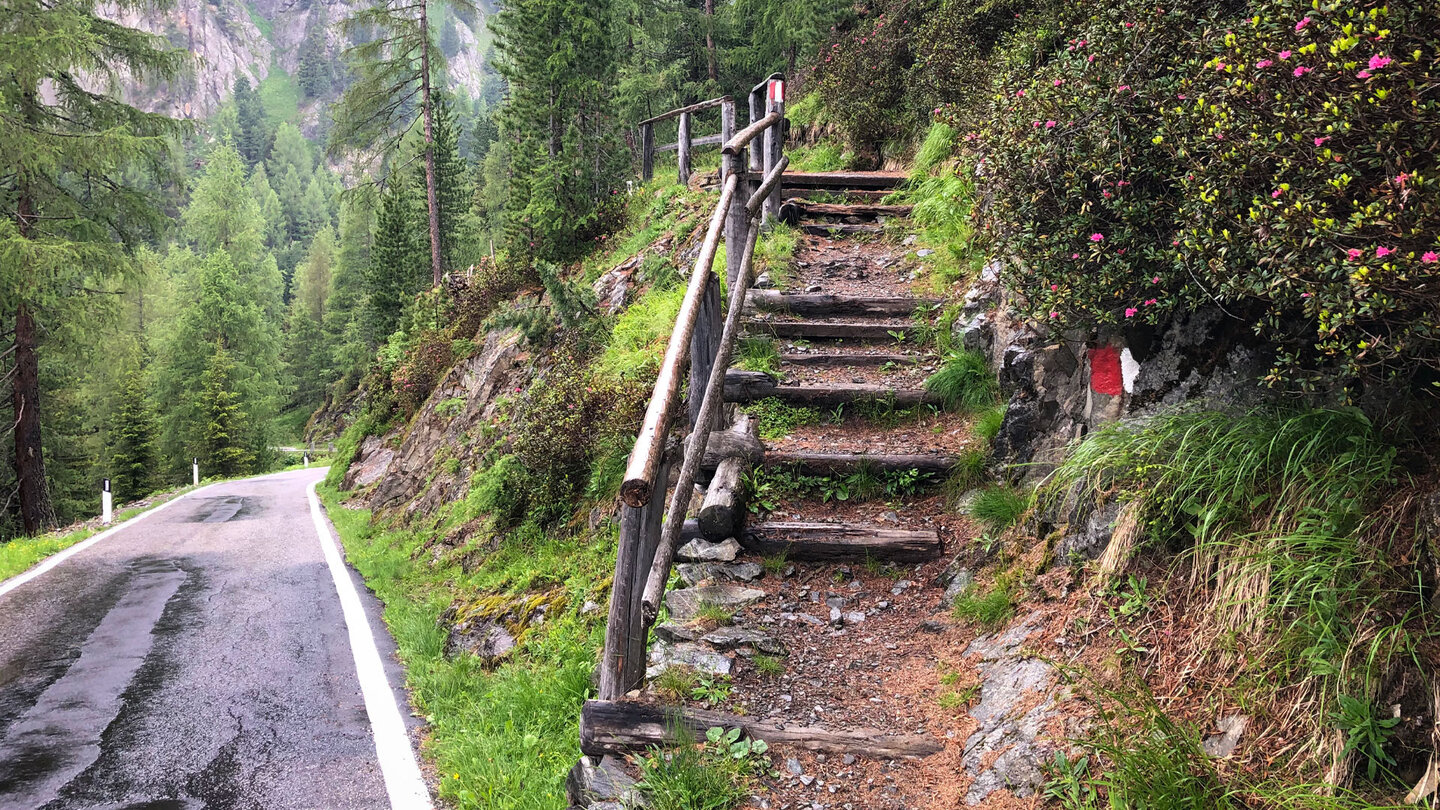 Treppe am Wanderweg bei der Passstraße