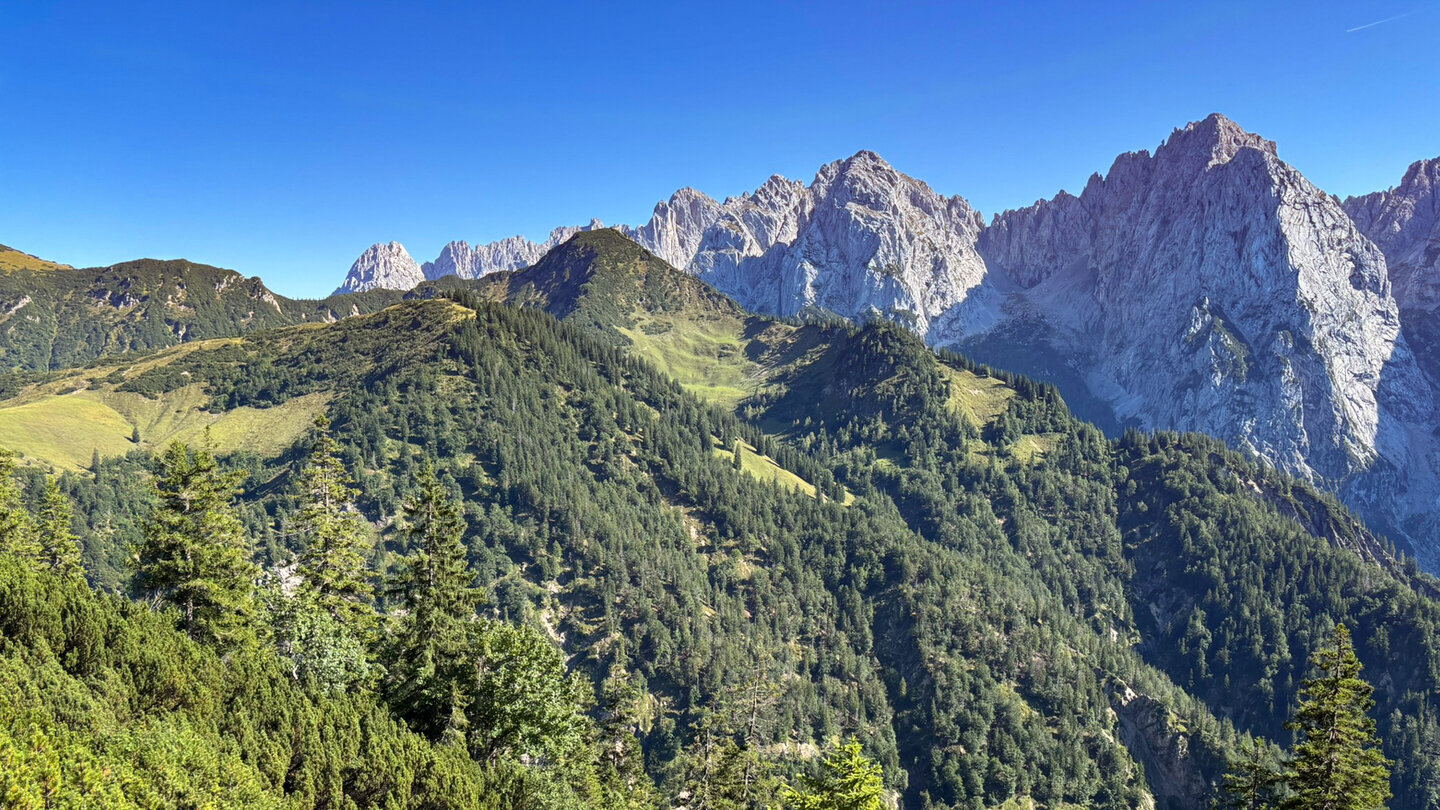 Blick auf den Ropanzen und den Stripsenkopf mit Totenkirchl und Elmauer Halt im Hintergrund