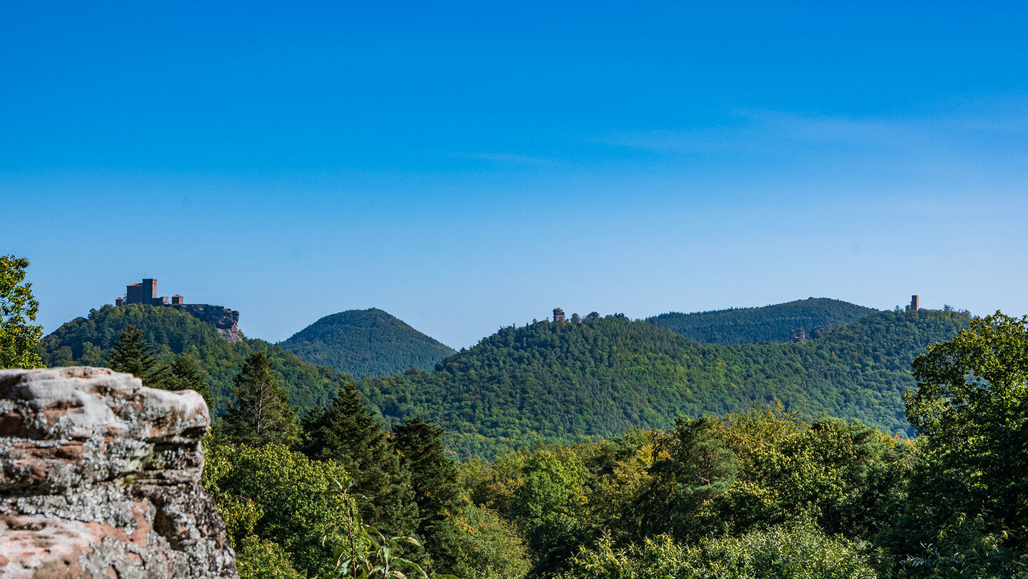 Blick vom Asselstein zur Trifelsgruppe: Burg Trifels, Ruine Arnebos, Münz und Scharfenberg