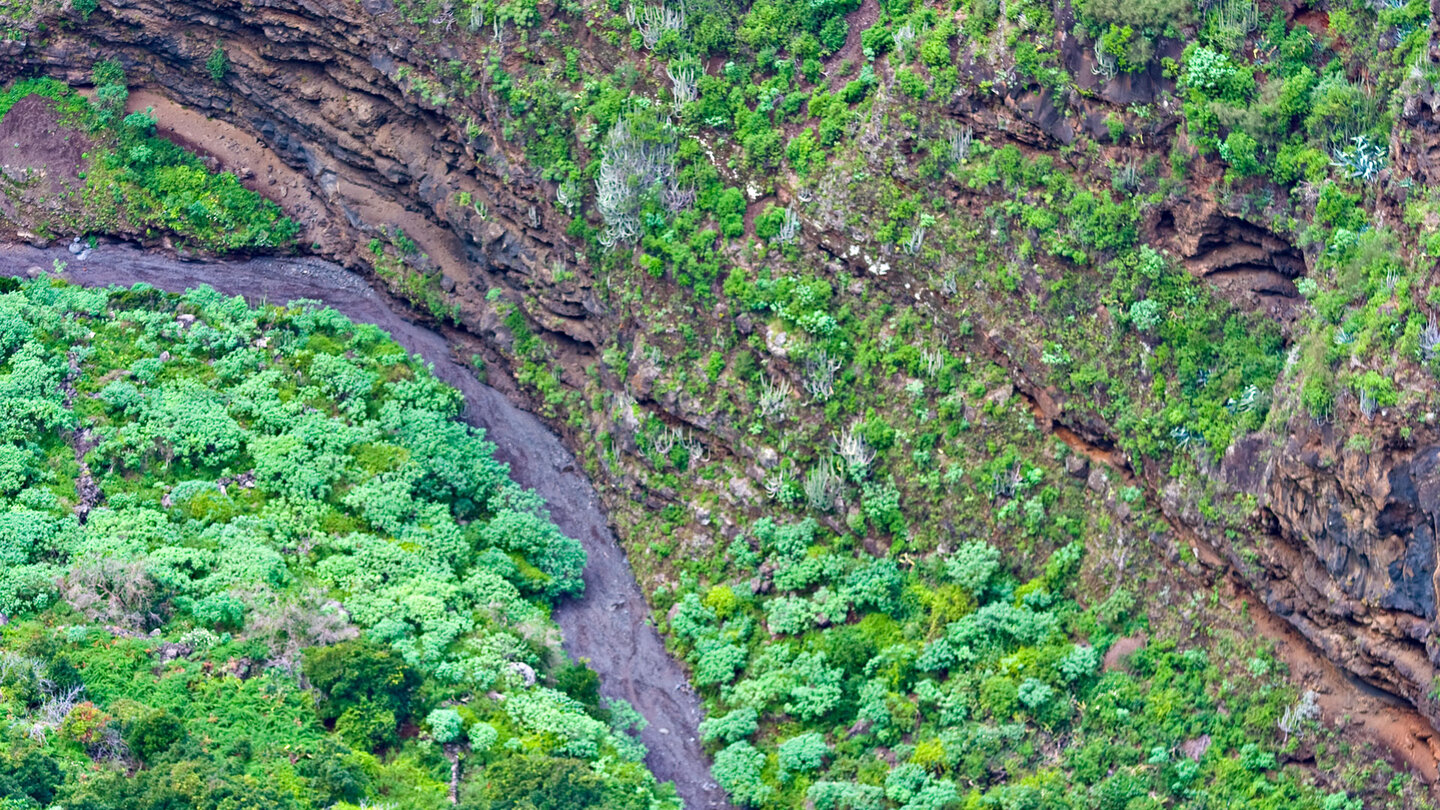 durch Erosion freigelegte Felsenschichten im Barranco Fagundo auf La Palma