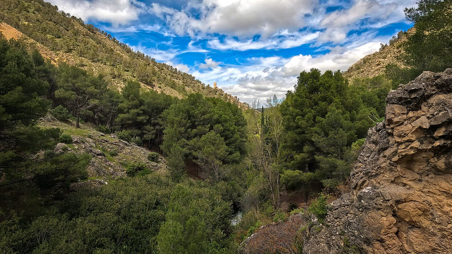 Schlucht mit Torreón de Cuadros am Rio Cuadros bei Bedmar