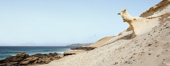 bizarre Sandsteinformationen in der vom Wind geformten Küstenlandschaft bei Agua Liques