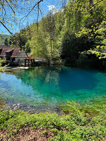 blau schimmernder Blautopf in Blaubeuren