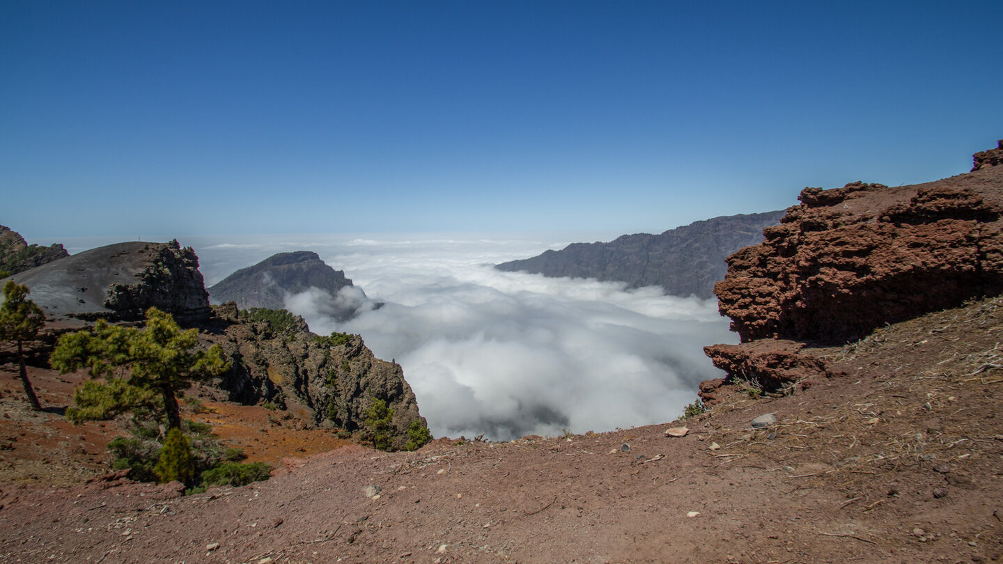 rötliche und ockerfarbene Färbungen am Rand der Caldera