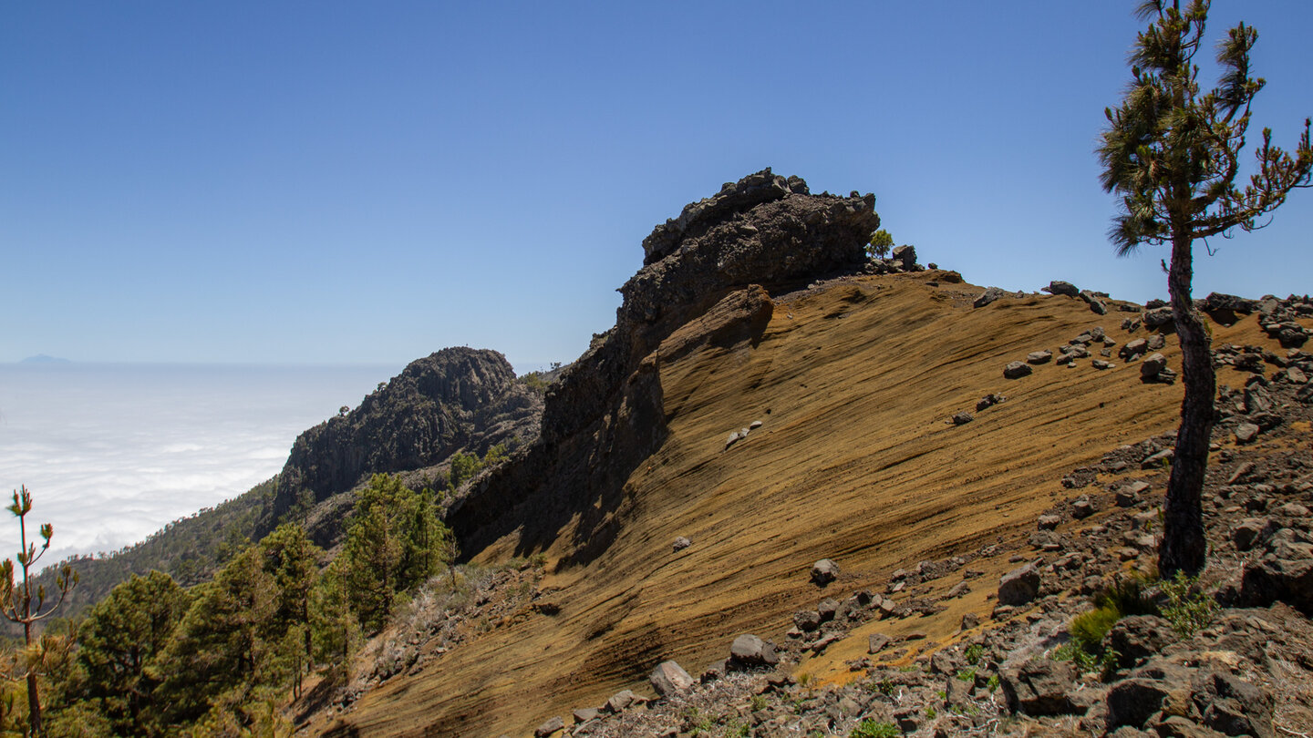 Schichtungen aus ockerfarbenen Tuffgestein