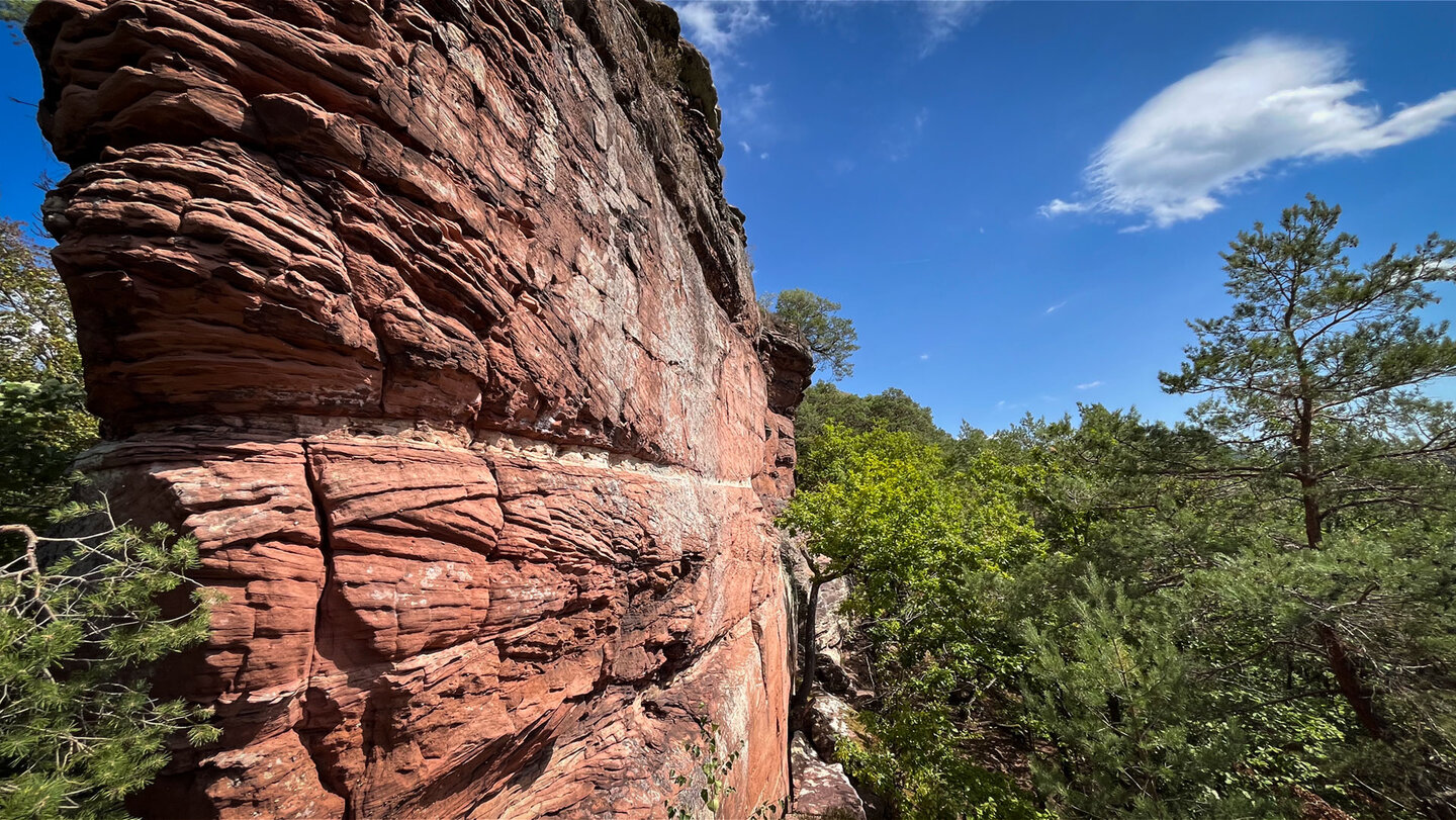 Buntsandsteinband am Nedingfelsen bei Hauenstein in Nahaufnahme mit sichtbaren Felsschichten und einzelner Wolke am blauen Himmel