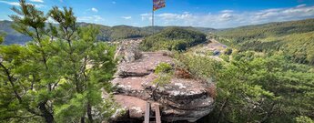 Felsplateau am Nedingfelsen mit Fahnenmast und zwei Flaggen, darunter Panoramablick über Hauenstein, Eisenleiter im Vordergrund und bewaldete Bergrücken unter blauem Himmel