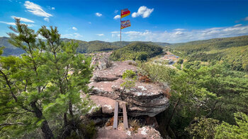 Felsplateau am Nedingfelsen mit Fahnenmast und zwei Flaggen, darunter Panoramablick über Hauenstein, Eisenleiter im Vordergrund und bewaldete Bergrücken unter blauem Himmel