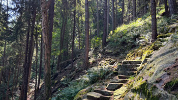 Aufstieg über Steinstufen am Giro delle Rovine del Castelliere